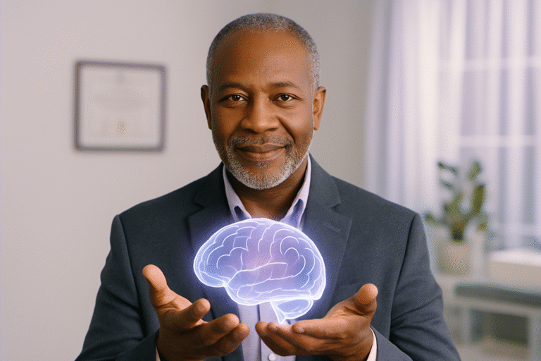 man holding virtual brain
