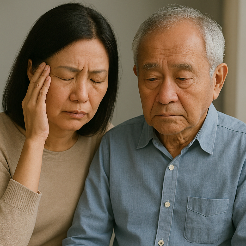Middle-aged Asian woman and an older Asian man sitting closely together indoors. The woman rests her hand on her temple with a concerned expression, while the man looks downward with a somber, reflective look. Soft natural lighting creates a calm, intimate atmosphere