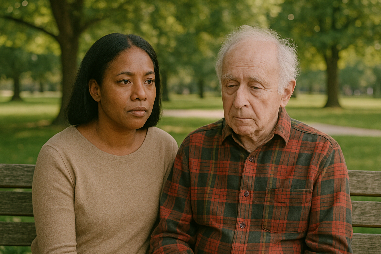 Middle-aged Black woman and an older white man sitting on a wooden park bench. The woman looks thoughtful while the man gazes downward with a distant expression. He is wearing a red and green plaid flannel shirt. Soft, natural light filters through the surrounding trees, creating a calm, reflective atmosphere.