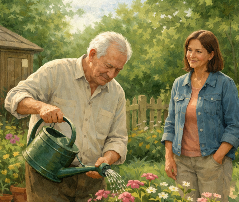 caregiver and elderly man in garden water plants